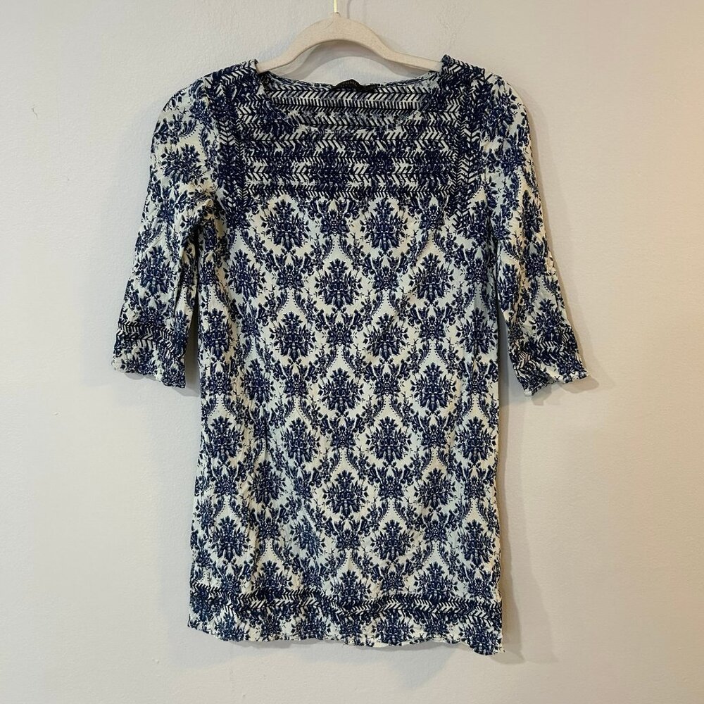 Anthropologie Navy and White Smocked-Neck Mini Dress